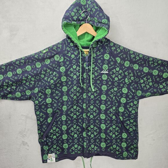 Vintage Akademiks Zip Up Hoodie Mens XXL Green AOP Velvet Lined Hood 90s Y2K - Picture 2 of 12